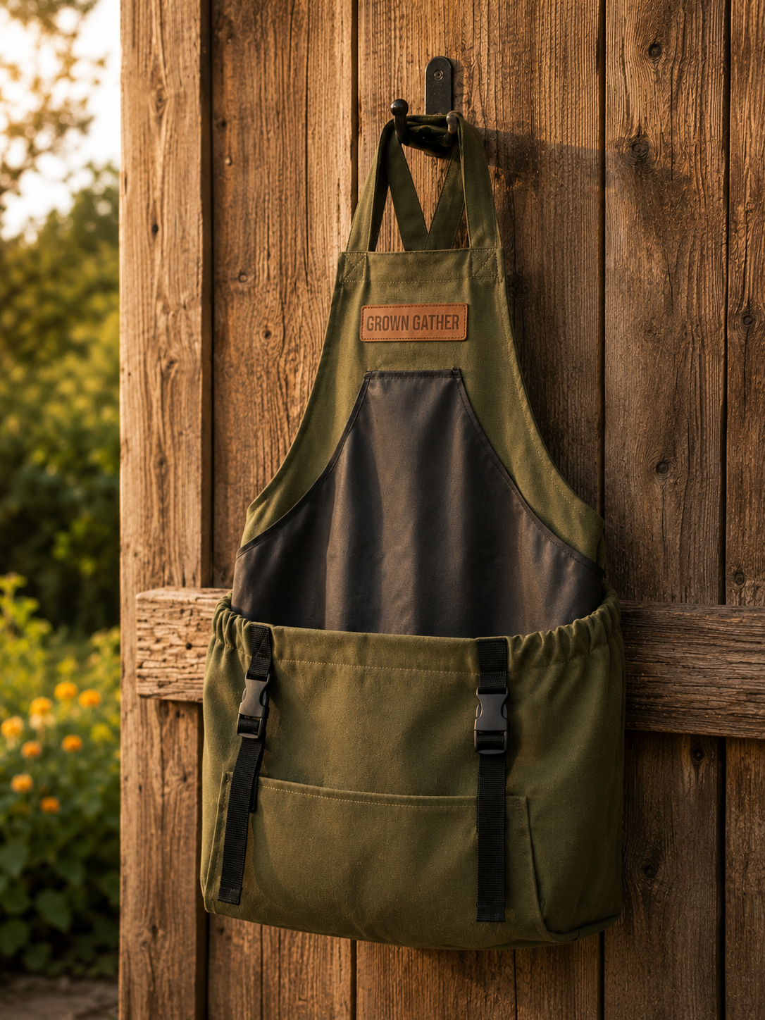 The Grange Carrier — olive green waxed canvas harvest apron, hanging on a weathered barn wall