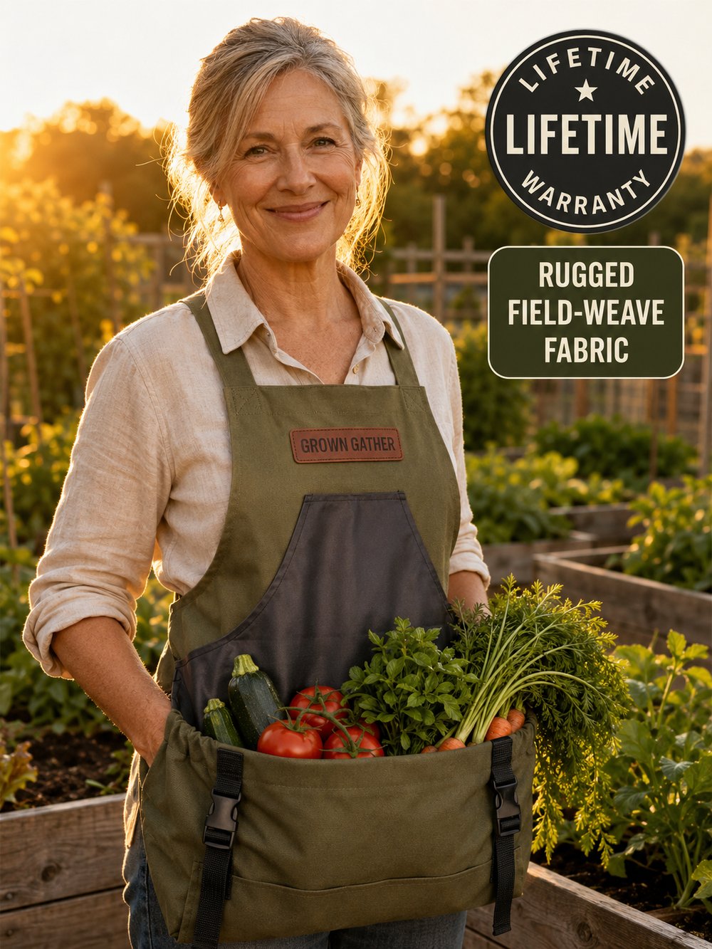 Founder in a garden holding fresh tomatoes